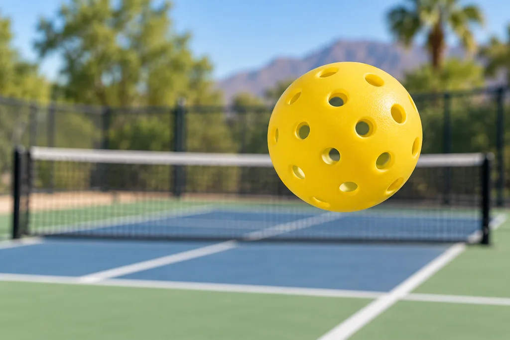 Illustration sobre d'une balle de pickleball en vol vers le visage d'un joueur près du filet, sur un court extérieur.