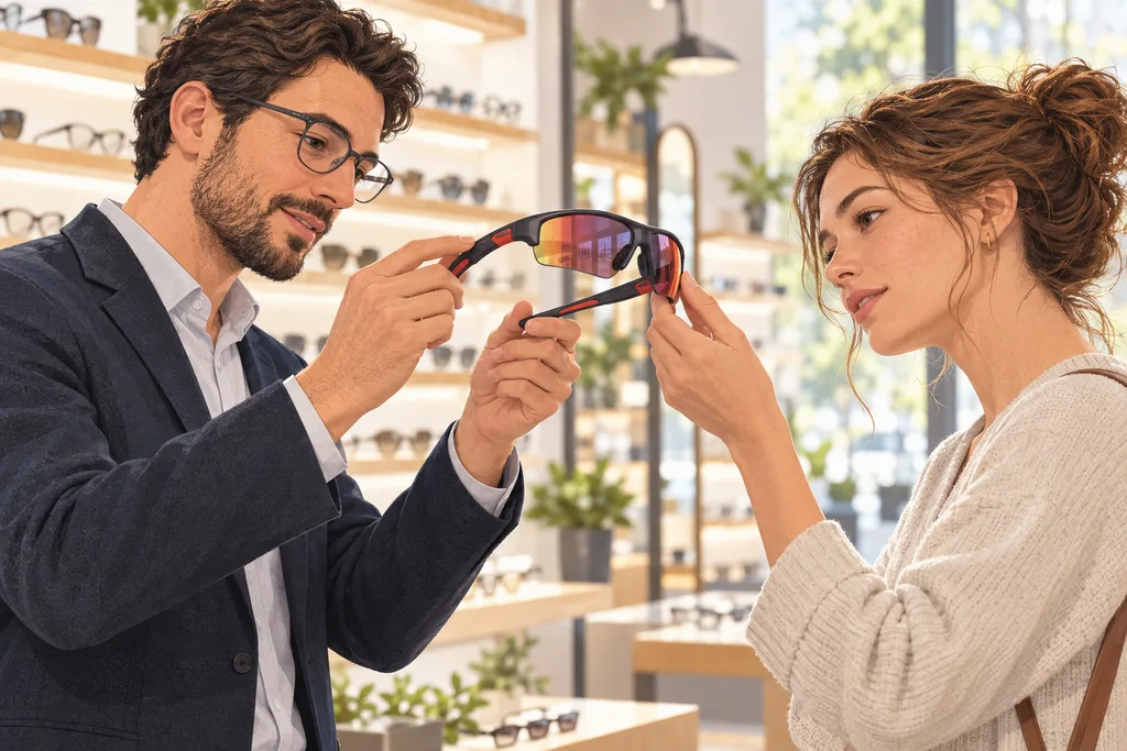 Opticien présentant à une cliente une monture de sport enveloppante avec verres correcteurs.