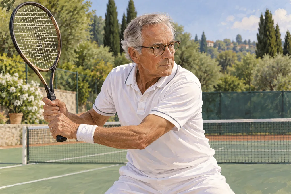 Joueur âgé avec lunettes de vue classiques en pleine action sur un court de pickleball.