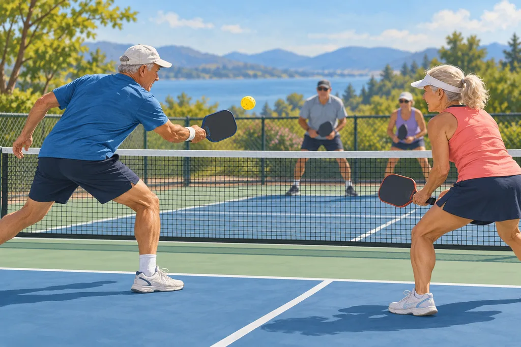 Quatre joueurs de pickleball en double, deux près du filet, au moment d'un échange rapide.